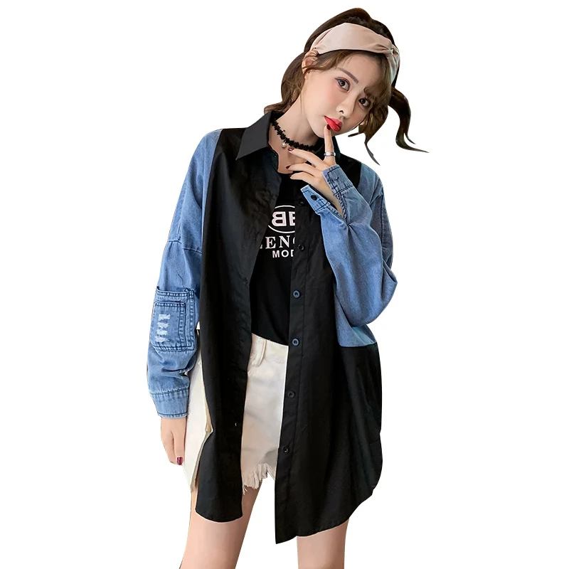 

Holes Split Joint Shirt Loose Denim Autumn Jacket Women Befree Harajuku Chaqueta Mujer Plus Size Riverdale Bts Streetwear Coat