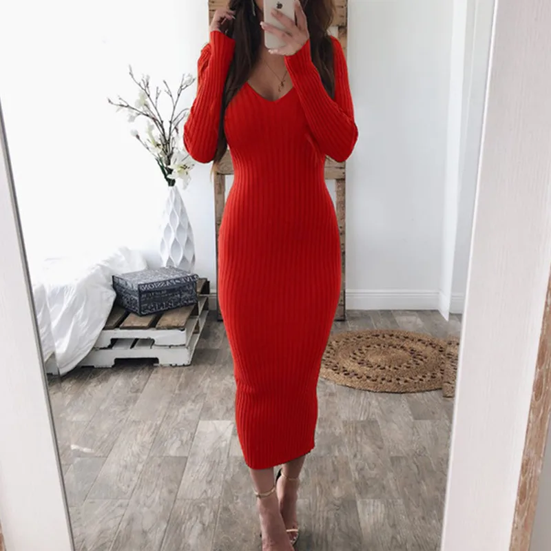 Модное вязаное платье-посылка на бедрах, осень, глубокий v-образный вырез, тонкие сексуальные женские платья, зимние элегантные тонкие вечерние платья макси с длинным рукавом - Цвет: Red  8021