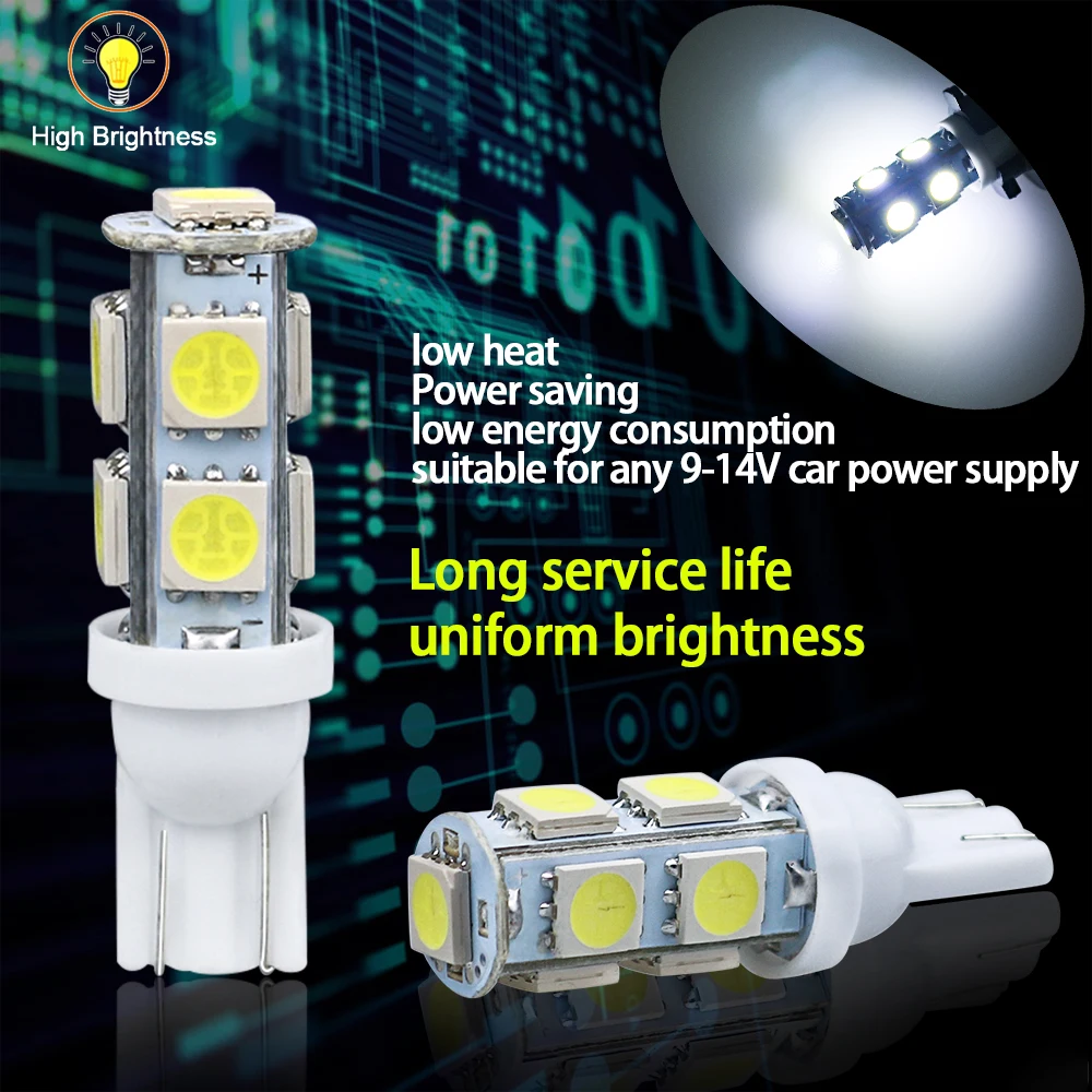 100 шт. 9LED T10 194 W5W 5050 автомобиля SMD led лампы Интерьер светильник автоматической парковки купол сигнала боковая лампа багажника белого и синего цвета желтый светильник 12V wh