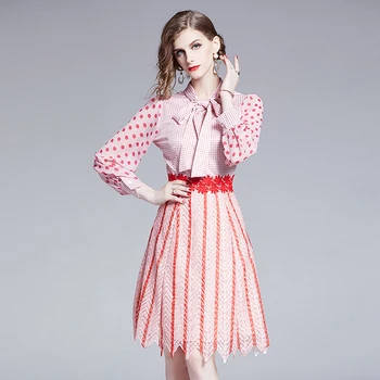 

HAMALIEL Brand Ladies Dress 2019 Designer Autumn Women Dot Print Chiffon Patchwork Lace Striped A Line Dress Fashion Pink Bowknot Vestidos