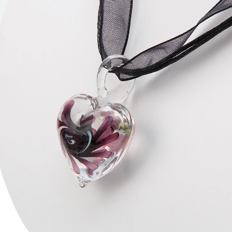 Murano Glass Pendant Necklace Purple Heart Flowers Ribbon Chain