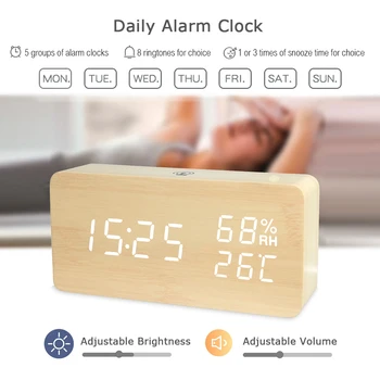 

New LED Wooden Alarm ClockTable Voice Control Digital Wood Electronic Desktop USB/Battery Powered Clocks Table Decor