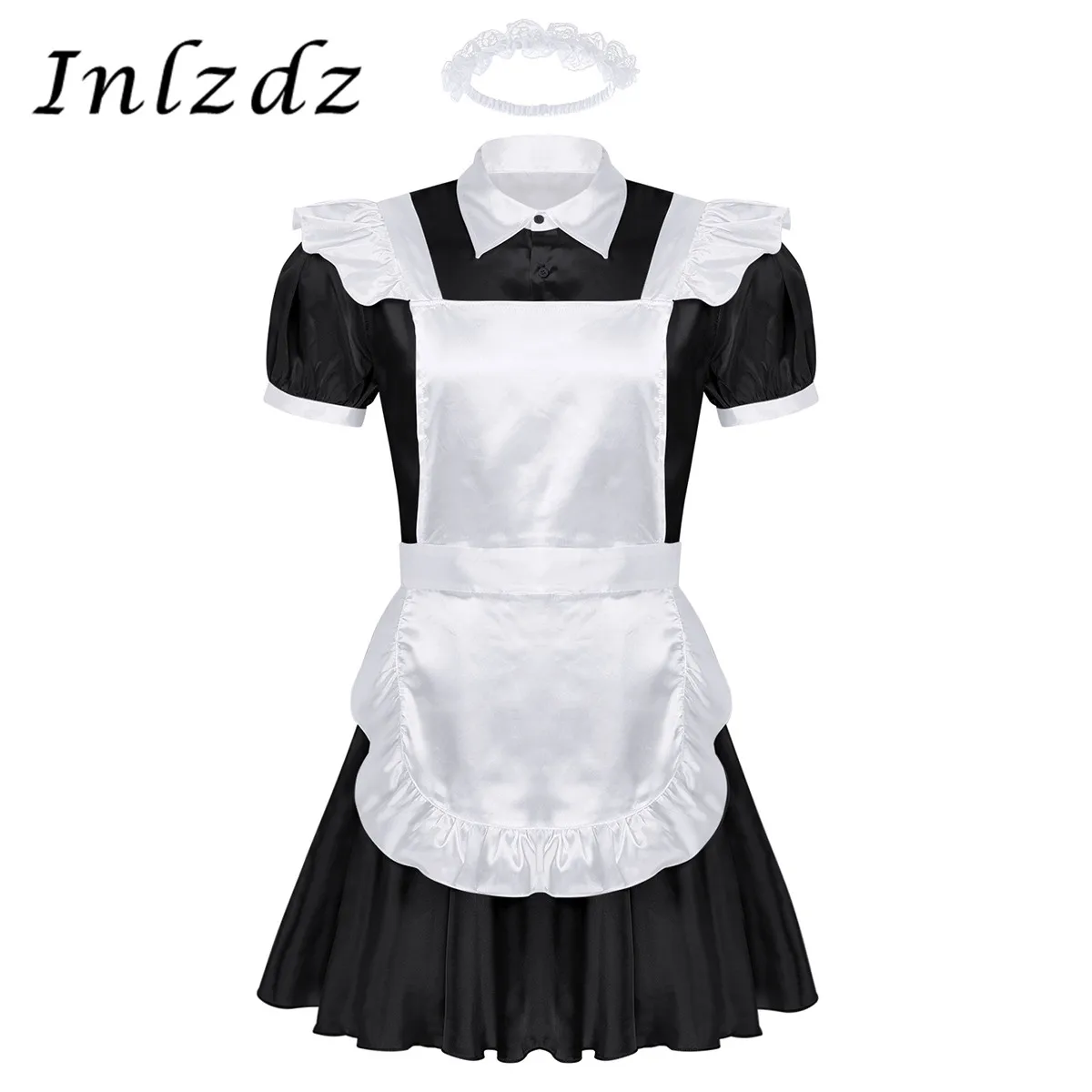

3Pcs Men Adults Sissy Maid Cosplay Costume Outfit Turn-down Collar Puff Sleeve Front Button Down Dress with Apron and Headband