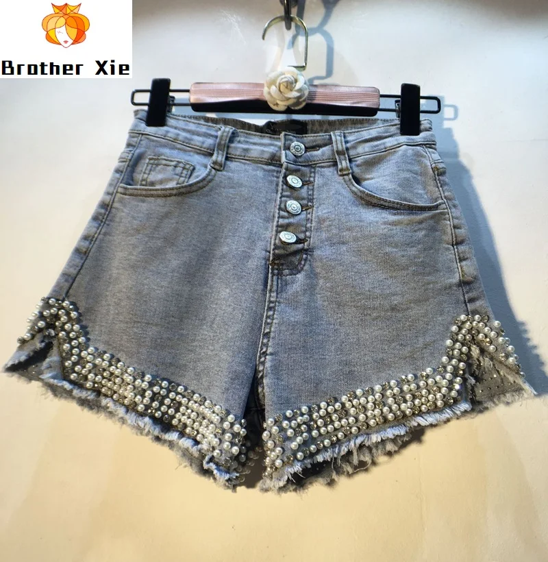 

Pearl Beaded Denim Hot Pants for Women Summer New Diamond Set Single Breasted High Waist Slimming Denim Shorts Jean Shorts Blue