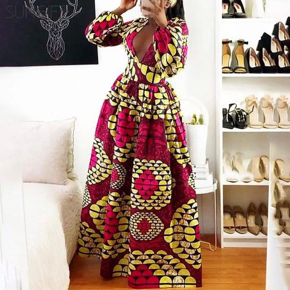 

SUNGIFT 2019 Women African Clothing Dashiki Dress V Neck Puff Long Sleeve Ankara Print Slim Sexy Dresses Autumn and Winter Dress