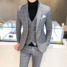 Men Dress Blazers Pants Vest 3 Piece Set / Male Wedding New 2020 Autumn Business Formal Plaid Suit Luxury Slim Fit Coat Trousers