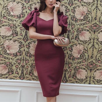

Summer Elegant Party Dress Women Vintage Red Ruffle V-Neck Slim Pencil Dress Bodycon Formal Fashion Office Lady Dresses Club