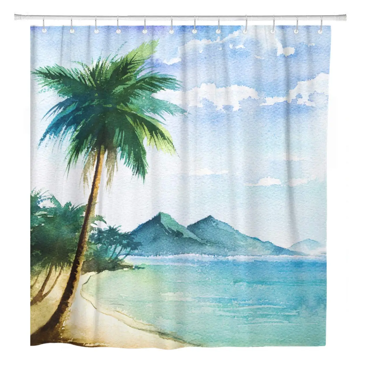 

72"x72" Shower Curtain Waterproof Polyester Fabric Blue Beach Watercolor Landscape Palm Beatch Green Tree Ocean Decorative