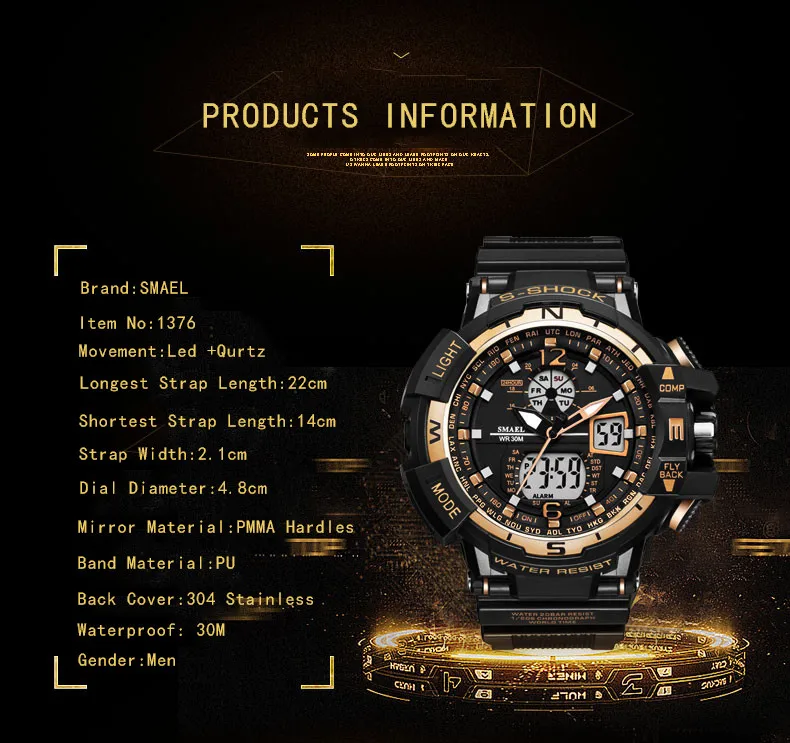 SMAEL 5m Waterproof Sport Watches Men Dual Time Quartz Digital Wristwatch Alarm Clock Stopwatch часы мужские relogio reloj 1376