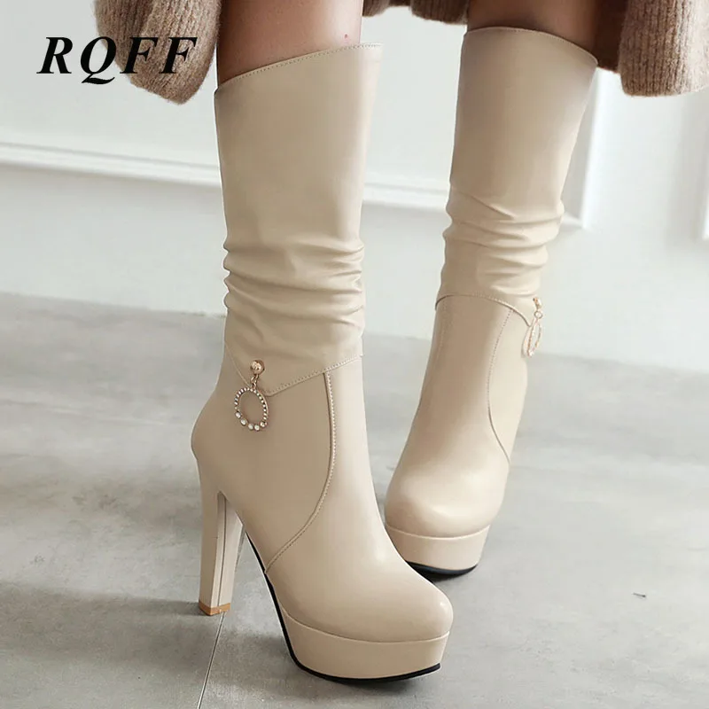 

2019-2020 Winter Mid-Calf Boots Women Sexy Fashion Super High Heel Shoes Woman Platform Plus Size 42 43 Solid PU Leather Slip-on