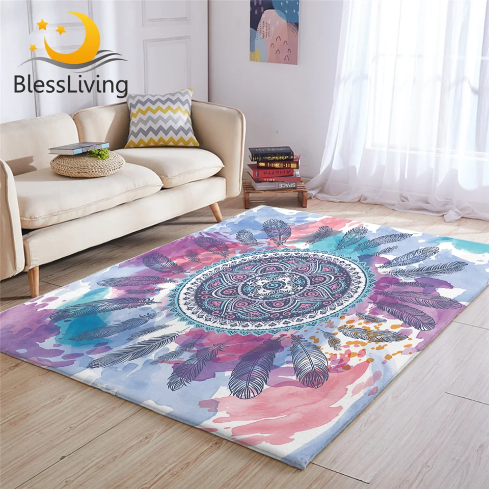 

BlessLiving Mandala Feather Living Room Rug Pink Aqua Bedroom Carpet Hippie Circle Floor Mat Watercolor Floral Bohemian Tapete