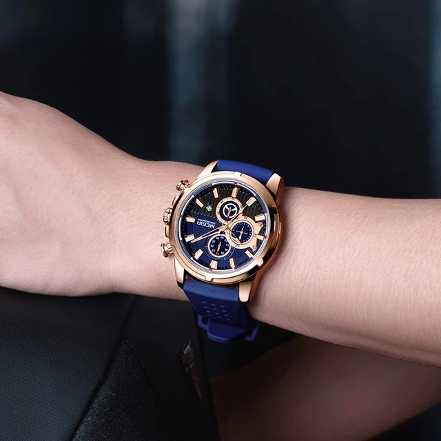 MEGIR Fashion Blue Silicone Quartz Watch Men Sport Chronograph Mens Watches Top Brand Luxury Military Clock Relogio Masculino 6