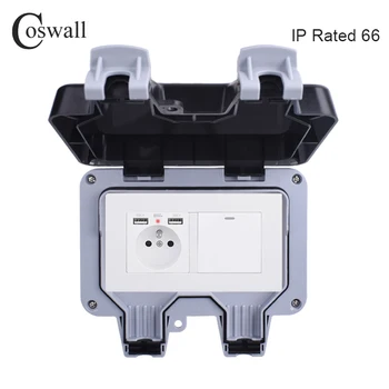 

Coswall IP66 Waterproof Outdoor French Standard Wall Socket With 2 USB Charging Port + 1 Gang 1 Way On / Off Light Switch