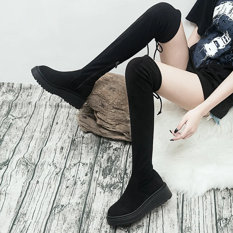 

Stretch Boots Women's 2019 Autumn And Winter New Style Europe And America Versatile Lace-up Thin Boots round-Toe Thick Bottomed