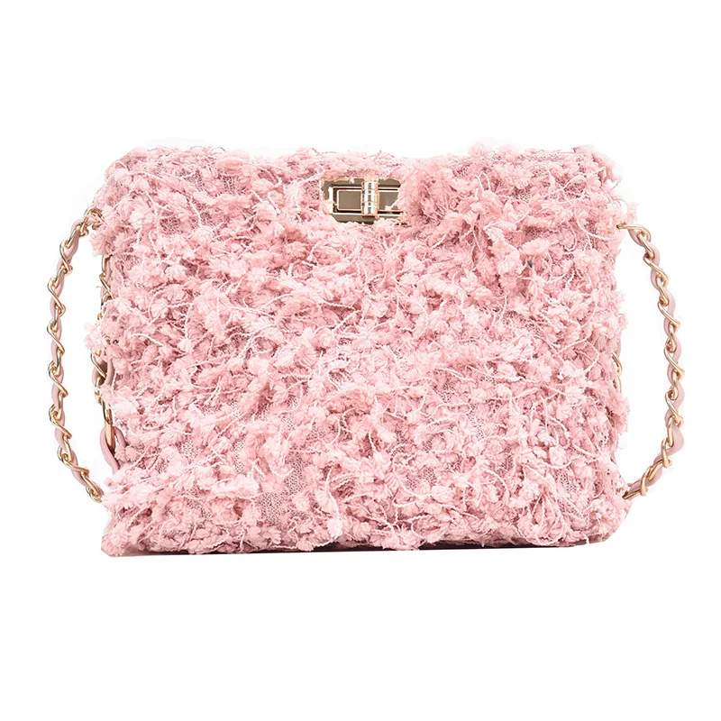 new fashion fur bag ladies Messenger small square bag winter warm solid color woolen handbag ladies metal chain bag - Цвет: Розовый