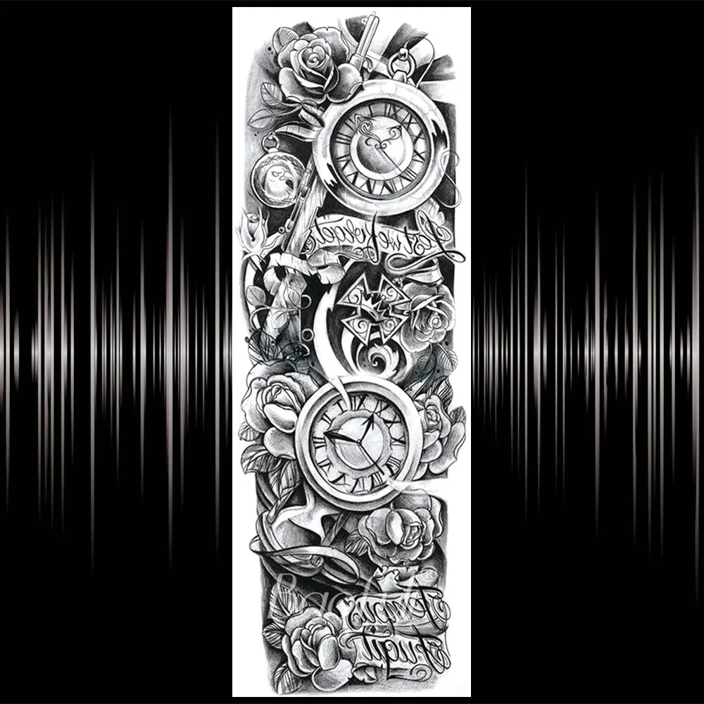 Черные Поддельные Временные татуировки на всю руку для женщин мужчин эскиз розы тату часы стикер водонепроницаемый реалистичный 3D глаза татуировки боди-арт