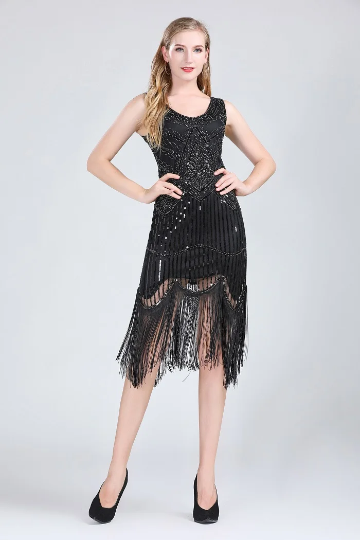 Женское вечернее платье 1920s Great Gatsby Flapper платье с v-образным вырезом без рукавов, украшенное пайетками и бисером платье с бахромой Vestidos - Цвет: black silver