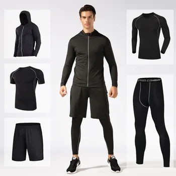 

Fitness clothes men sweat-absorbing fast-drying outdoor running Breathable Sportswear sleeved long-sleeved five-piece set Male