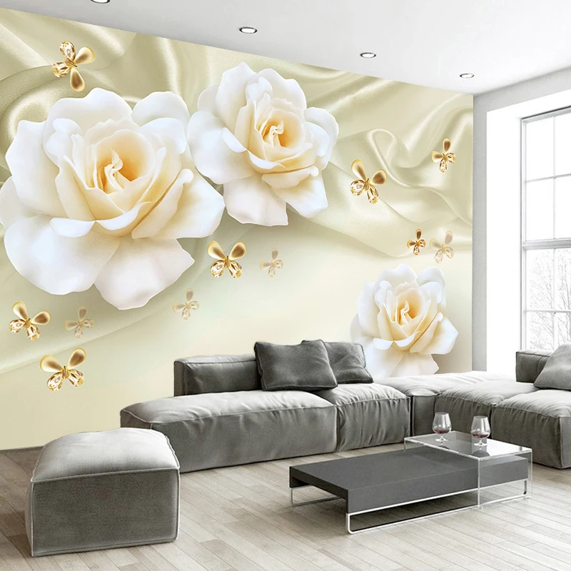 

Drop Shipping Custom Any Size 3D Wall Painting Rose Flower Butterfly Silk Non-woven Fabric Large Mural Wallpaper TV Backdrop