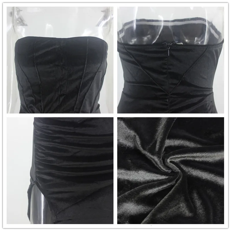 Fuedage Winter Autumn Strapless Bodycon High Split Sexy Dress Women Velvet Dress Women Elegant Party Club Maxi Long Dress
