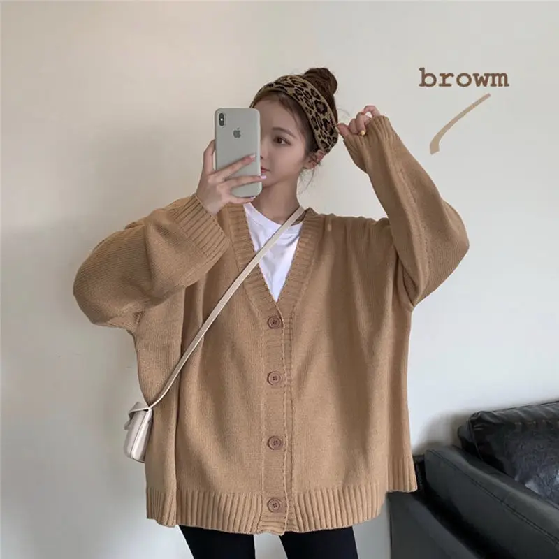 여성용 루즈한 버튼 니트 가디건 코트, 여성용 상의, 루즈한 V넥 스웨터