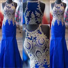 

Prom Dress Long Sleeves Sexy Sheer Beaded Sequins Appliques Lace Mermaid Elegant Royal Blue Evening Dress