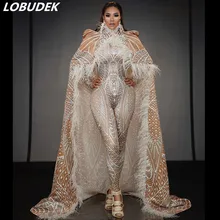 Женская певица сценическая одежда 3D печать стрейч Купальник комбинезон длинный плащ с перьями наряд на день рождения танцор подиум для моделей костюм