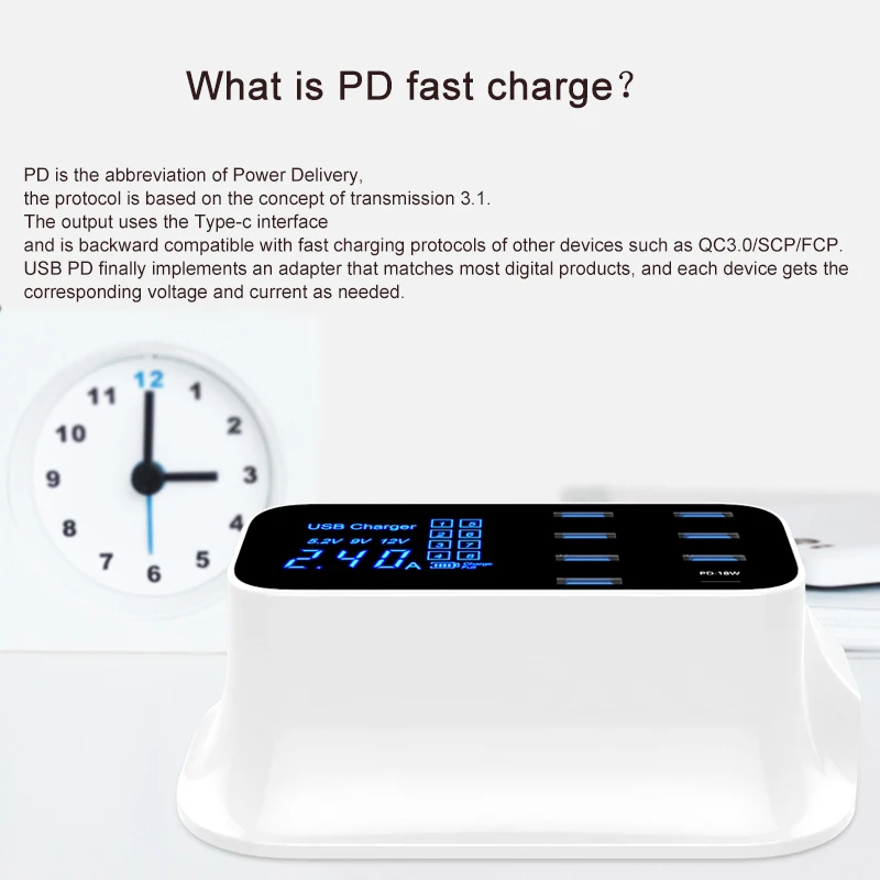 Зарядное устройство GOOJODOQ PD 40 Вт 8 портов USB зарядное умный светодиодный дисплей