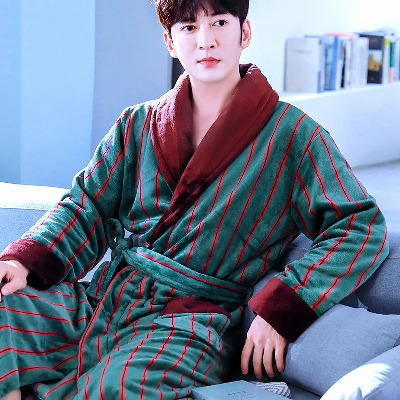 cheap pajama pants Flannel Dragon Crane Men Kimono Bathrobe Gown Casual Nightwear Winter Thick Warm Sleepwear Nightgown Plus Size Loose Homewear mens sleepwear set