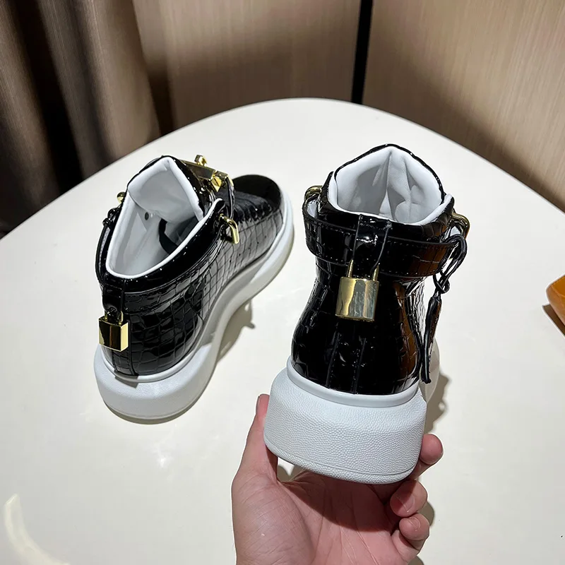 Men Alligator Pattern High Top Sneakers Lock Lace Flats Glossy Real Leather Newest Designer Boots Men‘s Casual Shoes 4