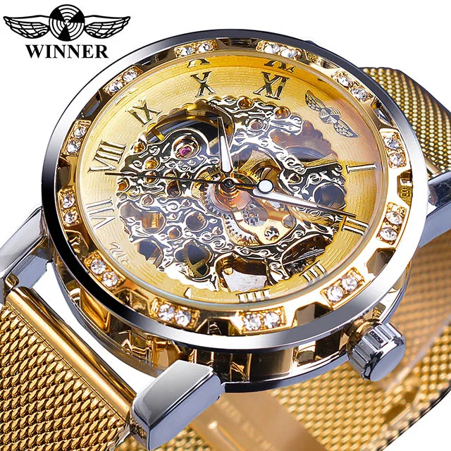 Winner, классические черные часы, механические мужские часы, лучший бренд, роскошные стразы, высокое качество, модные, скелет, Erkek Kol Saati - Цвет: W1089-9
