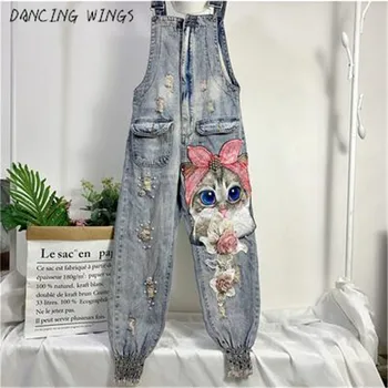 

Women Print Cartoon Cat Denim Jumpsuits Rompers Overalls New Hole Loose Beaded Jean Pants Female Casual Long Pants