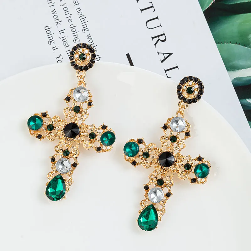Drop Earrings Vintage Black Pink Crystal Cross Drop Earrings for Women Baroque Bohemian Large Long Earrings Jewelry Brincos