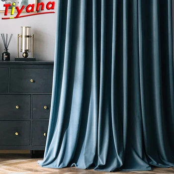 

Soft Comfortable Velvet Blackout Curtains for Living Room Luxury Blue Shading Window Drapes Soft Fabrics Curtain for Bedroom*VT