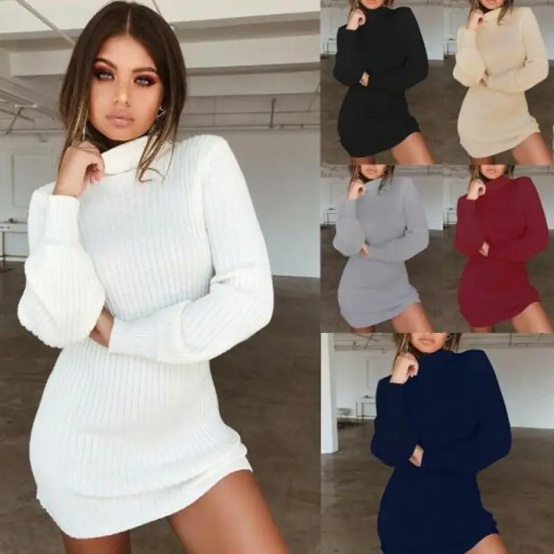 

Women Winter Knitted Jumper Gray Sweater Tops Pullover Knitwear Long Tops Dress