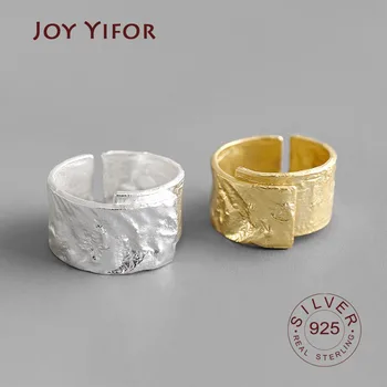 

Wide Ring 100% 925 Sterling Silver Open Ring for Women INS Gold & Silver Color Gold Foil Concave-convex Irregular Face