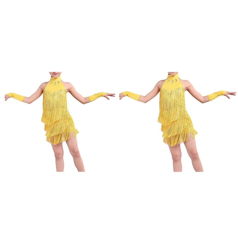 

Hot-2 Pcs Latin Dance Dress Girls Latin Fringe Dress Ballroom Dance Costume Dancing Clothing Yellow, 150Cm & 140Cm