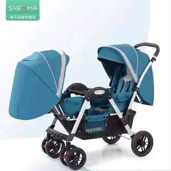 

Twin Baby Stroller Four-wheel Shock Absorber Baby Can Sit Reclining Multi-range Adjustment Double Stroller Foldable Dolly Carts