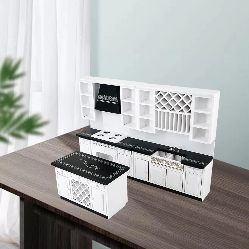 1/12 Dollhouse Furniture Wooden Miniatures Kitchen Cabinets Set Mini Cabinets Tiny House Mini Toys  for Kitchen Decor 2
