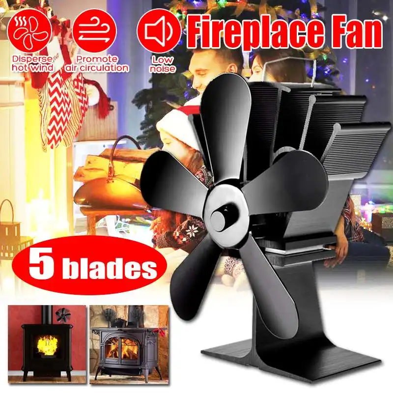 Wood Stove Fan Heat Powered Fireplace Log Wood Burner Silent Eco-friendly Fan 5 Blade Fan Chimney Heat Distributio