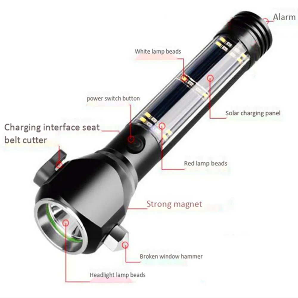 Car fire safety hammer magnet adsorption alarm glare flashlight solar energy LED lighting seat belt cutter mobile phone charging