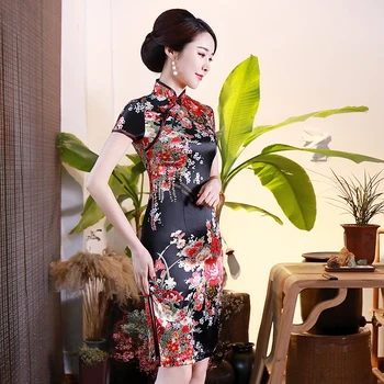 

Traditional Chinese Women Qipao Sexy Slim Mini Cheongsam Novelty Print Flower Veatidos Classic Vintage Button Chinese Dress 6XL
