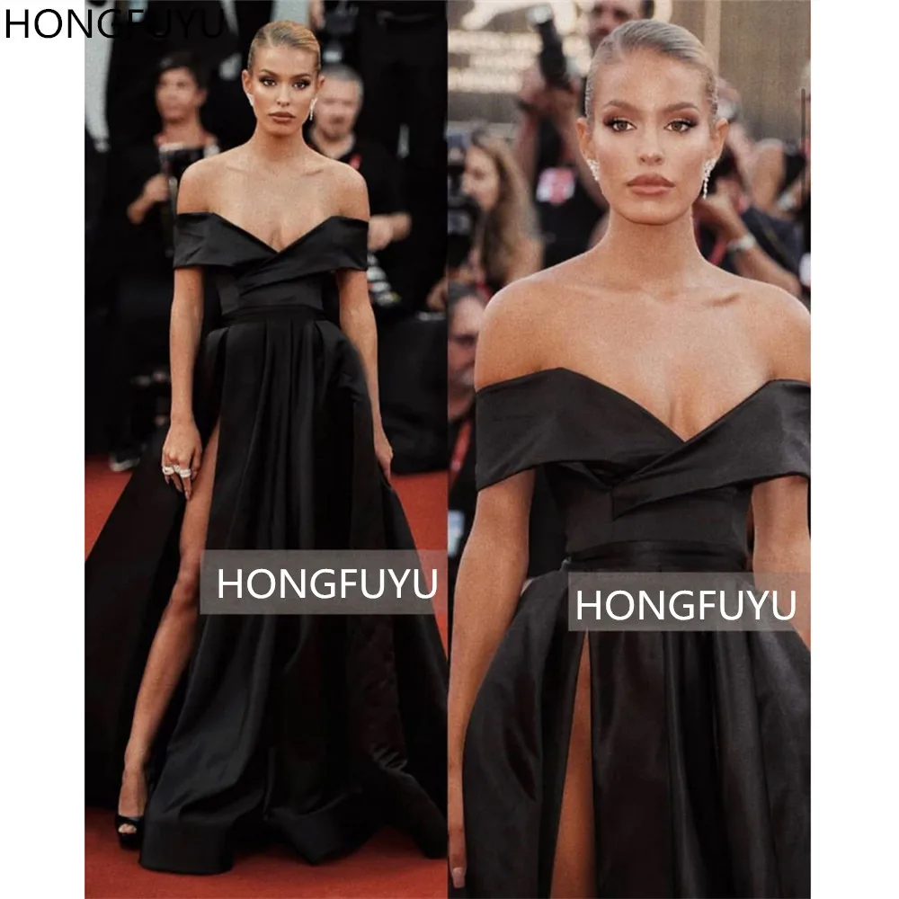 

HONGFUYU Black Off Shoulder Sleeveless Prom Dresses Evening Gowns Sexy Satin High Slit A Line Formal Party Dress Floor Length