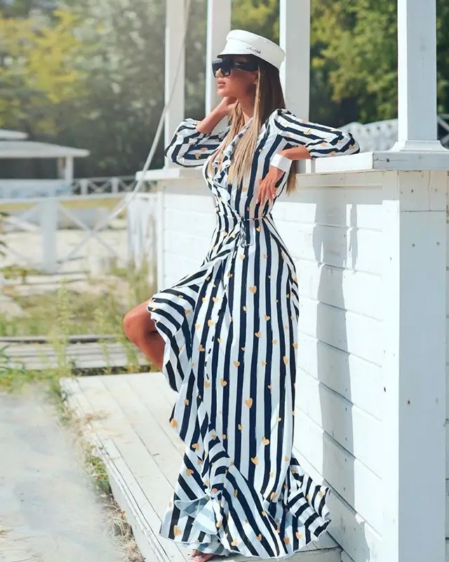 

New Striped Dress Front Split Sexy Long Dress Nine-point Cuff Belt Irregular White Dress
