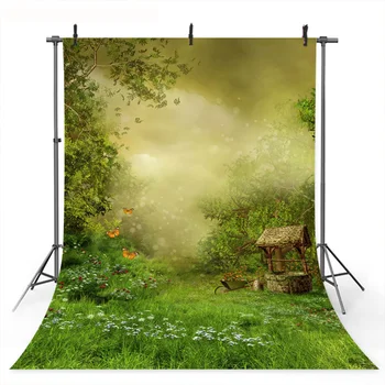 

Spring Jungle Forest Backdrop Photocall Hazy Illusory Cartoon Birthday Party Banner Background for Kid Green Grassland Butterfly