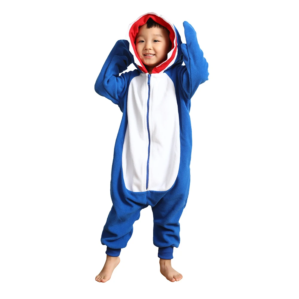 

2019 Kids Blue Shark Onesies Kigurumi Unisex Girls Boys Animal Cosplay Nightwear Fleece Pajamas Party Halloween Sleepwear