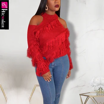 

Women Plus Size Long Sleeve Tassel Design Cold Shoulder Sweater Pullover Knitted Chic Solid Spring Fall Sweater