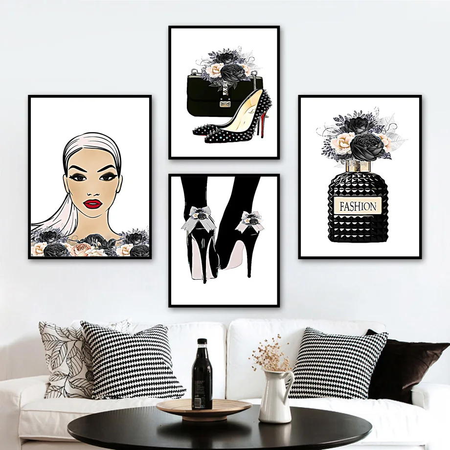 Perfume High Heels Rose Flower Bag Girl Wall Art Canvas Painting Nordic Posters And Prints Wall Pictures For Living Room Decor