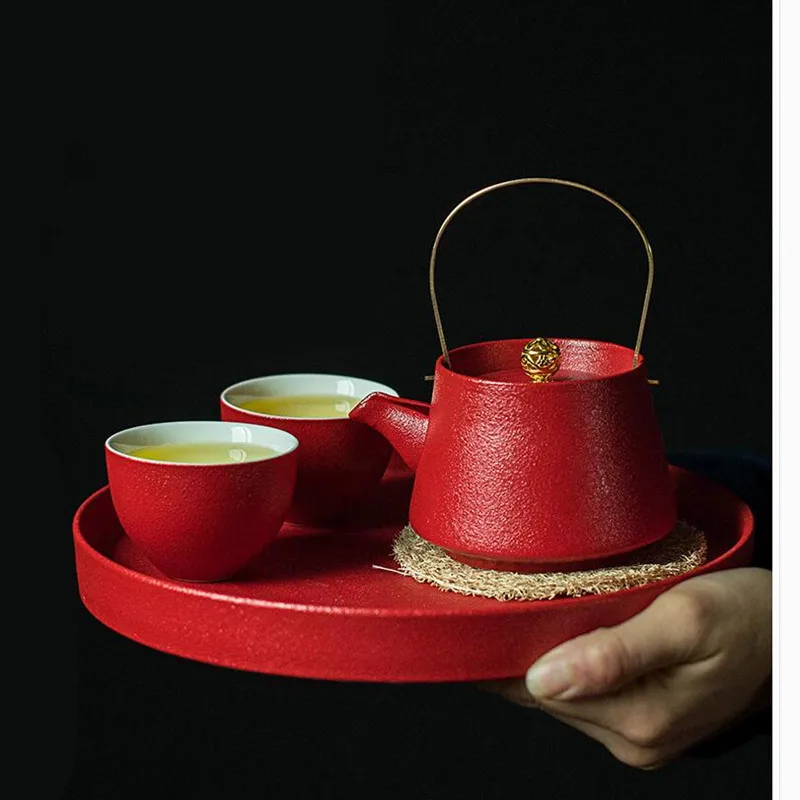 Стильный керамический чайный сервиз красный чайный набор кунг-фу чайник для путешествий удобный чайный сервиз офисная Бытовая Питьевая утварь WSHYUFEI