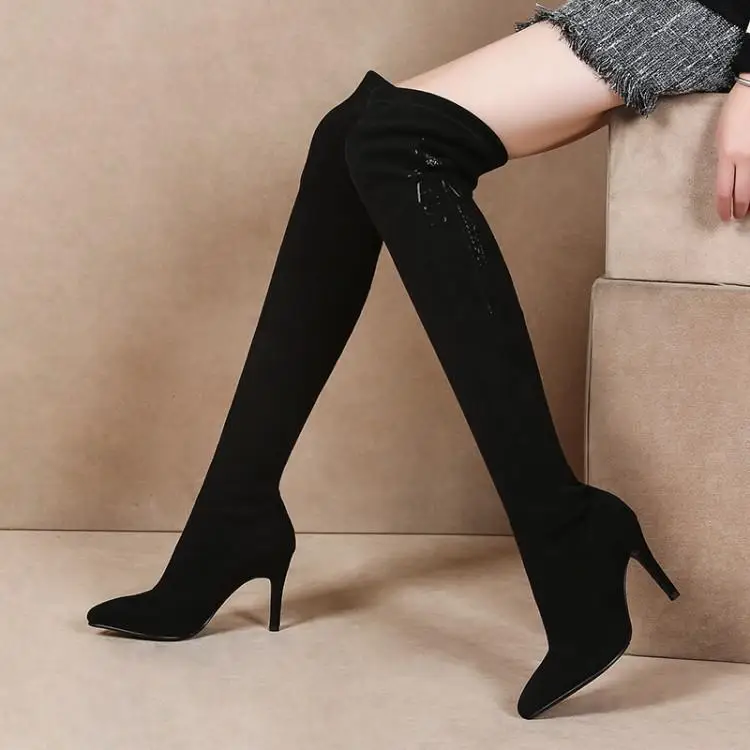 

Korean version of water table pointed ultra high heel thin heel elastic boots knee boots women's size boots suede 9cm